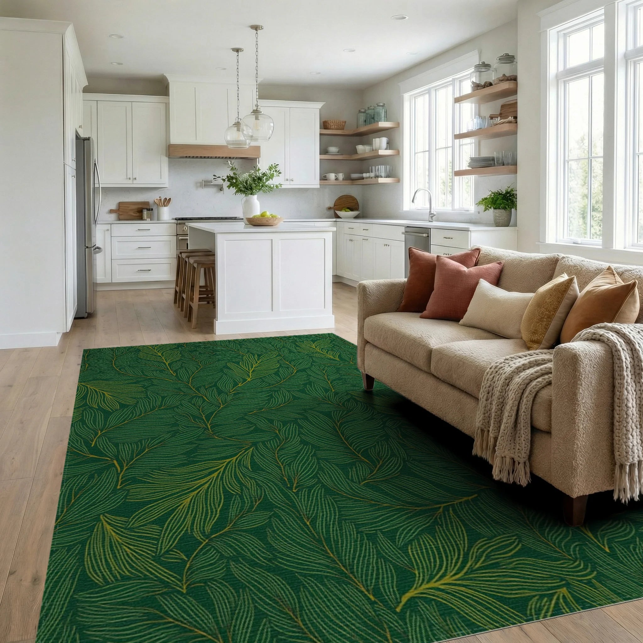 Emerald Leaf Pattern Lines Rug Living Room View