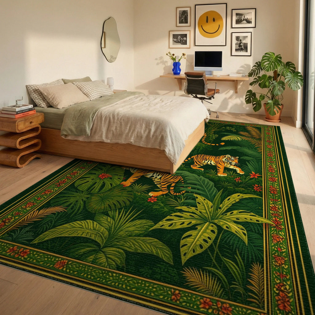 Emerald Orange Jungle Tigers Rug - Bedroom View