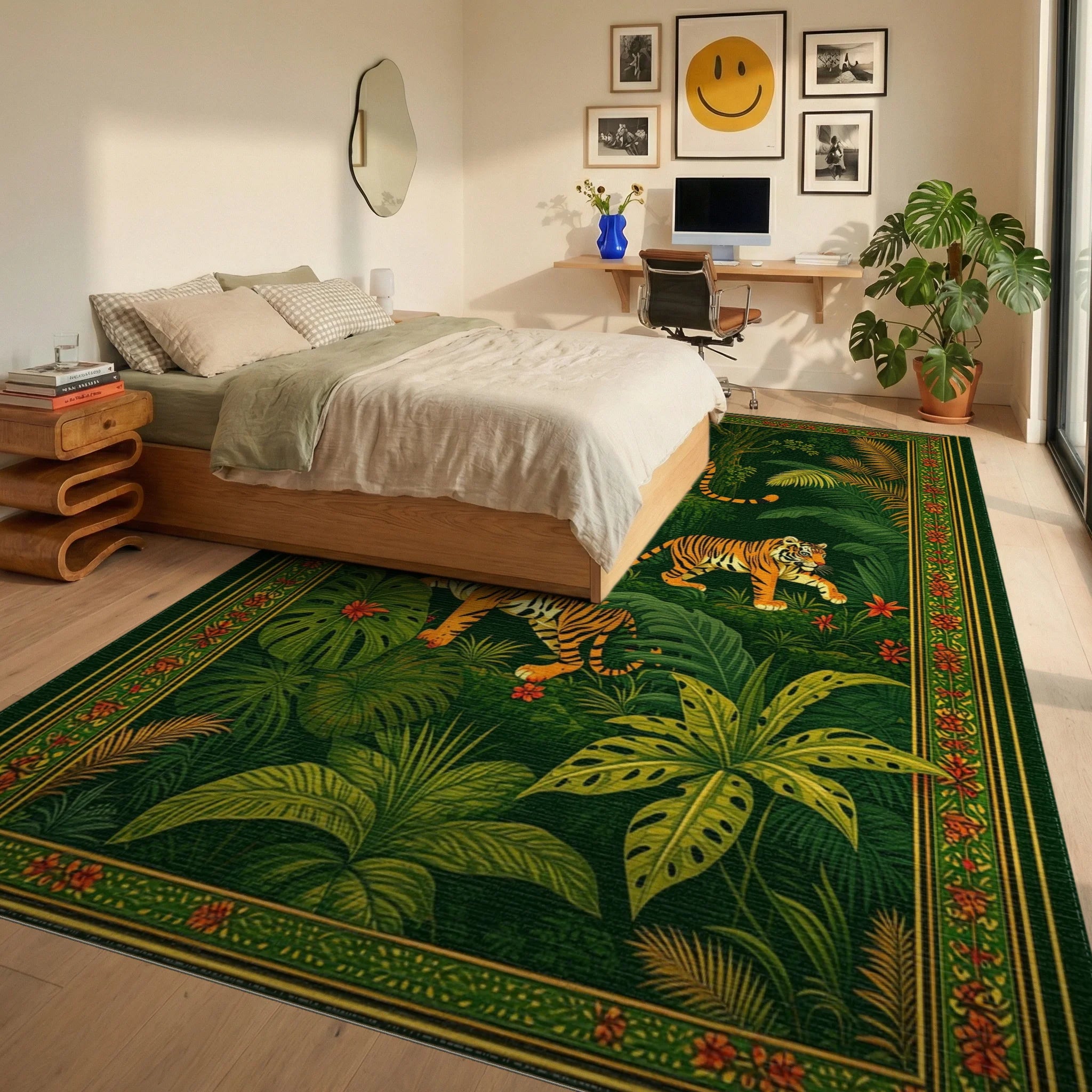 Emerald Orange Jungle Tigers Rug - Bedroom View