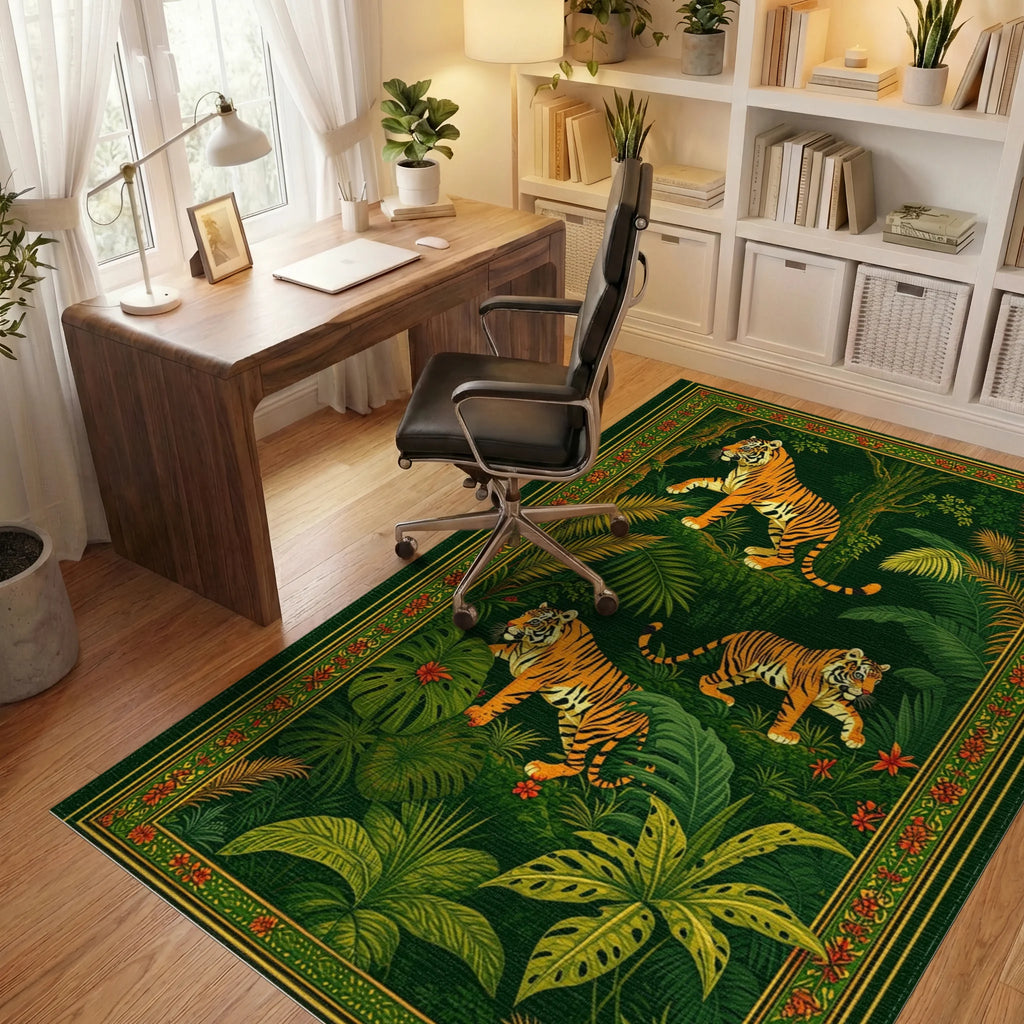 Emerald Orange Jungle Tigers Rug - Office View