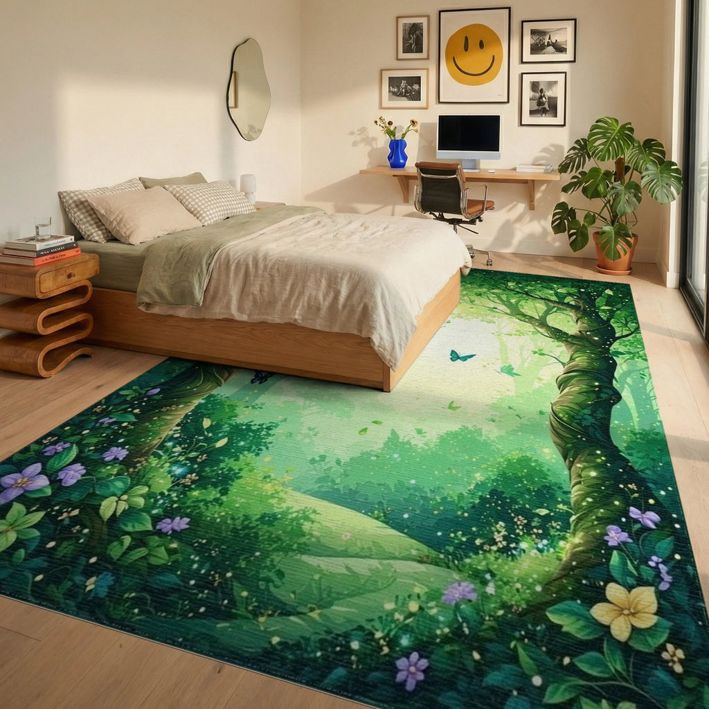 Enchanted Forest Butterflies And Flowers Rug - Bedroom View