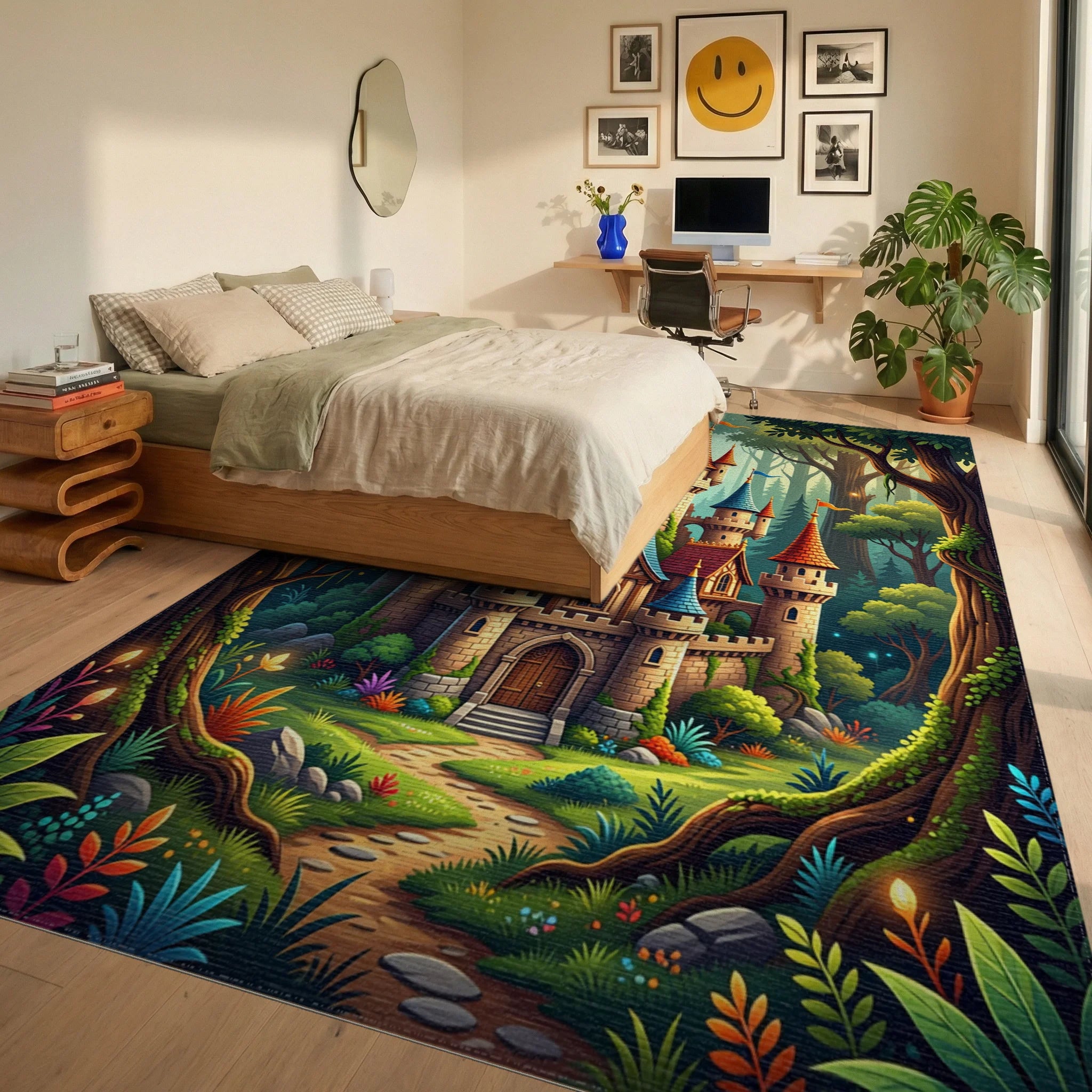 Enchanted Forest Castle Fantasy Landscape Rug Bedroom View