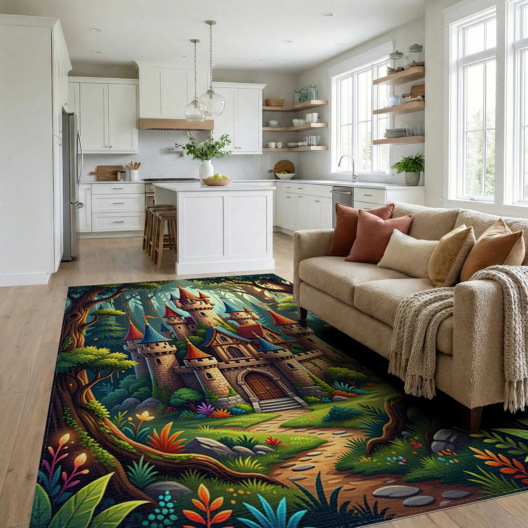 Enchanted Forest Castle Fantasy Landscape Rug Living Room View