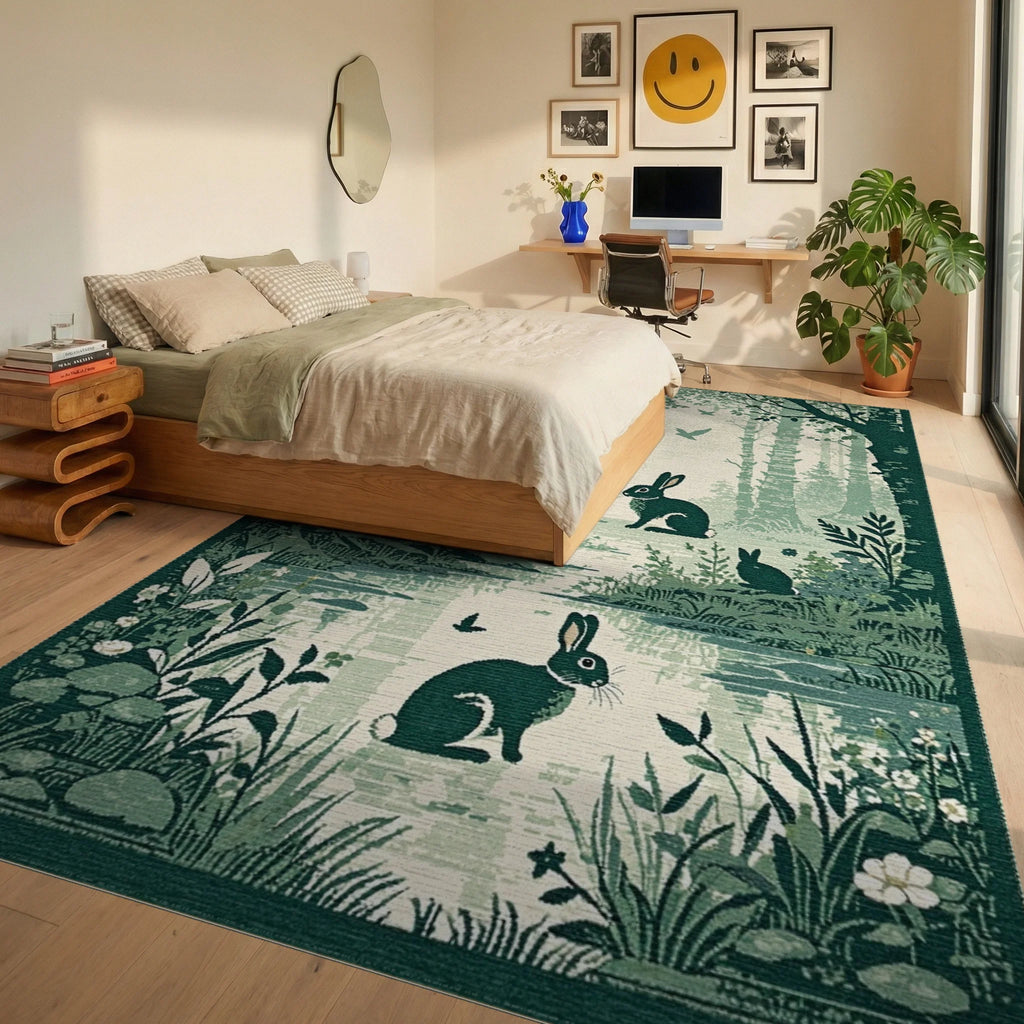Enchanted Forest Rabbits Pond Scene Rug - Bedroom View