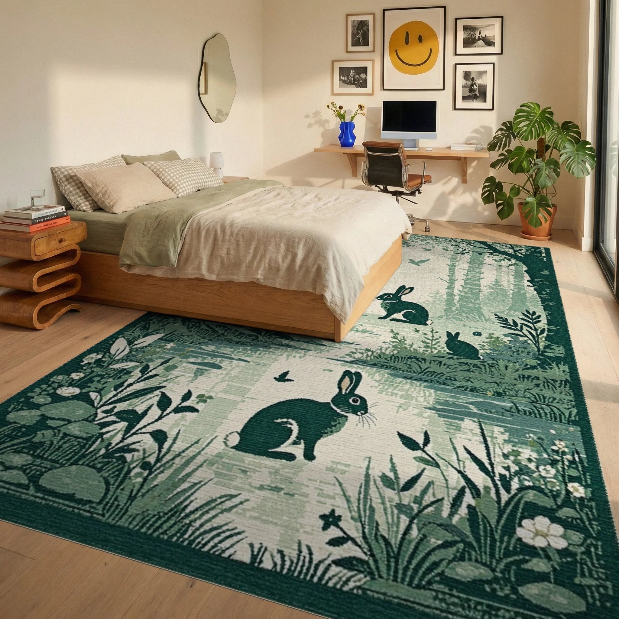 Enchanted Forest Rabbits Pond Scene Rug - Bedroom View