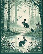 Enchanted Forest Rabbits Pond Scene Rug - Cutout View