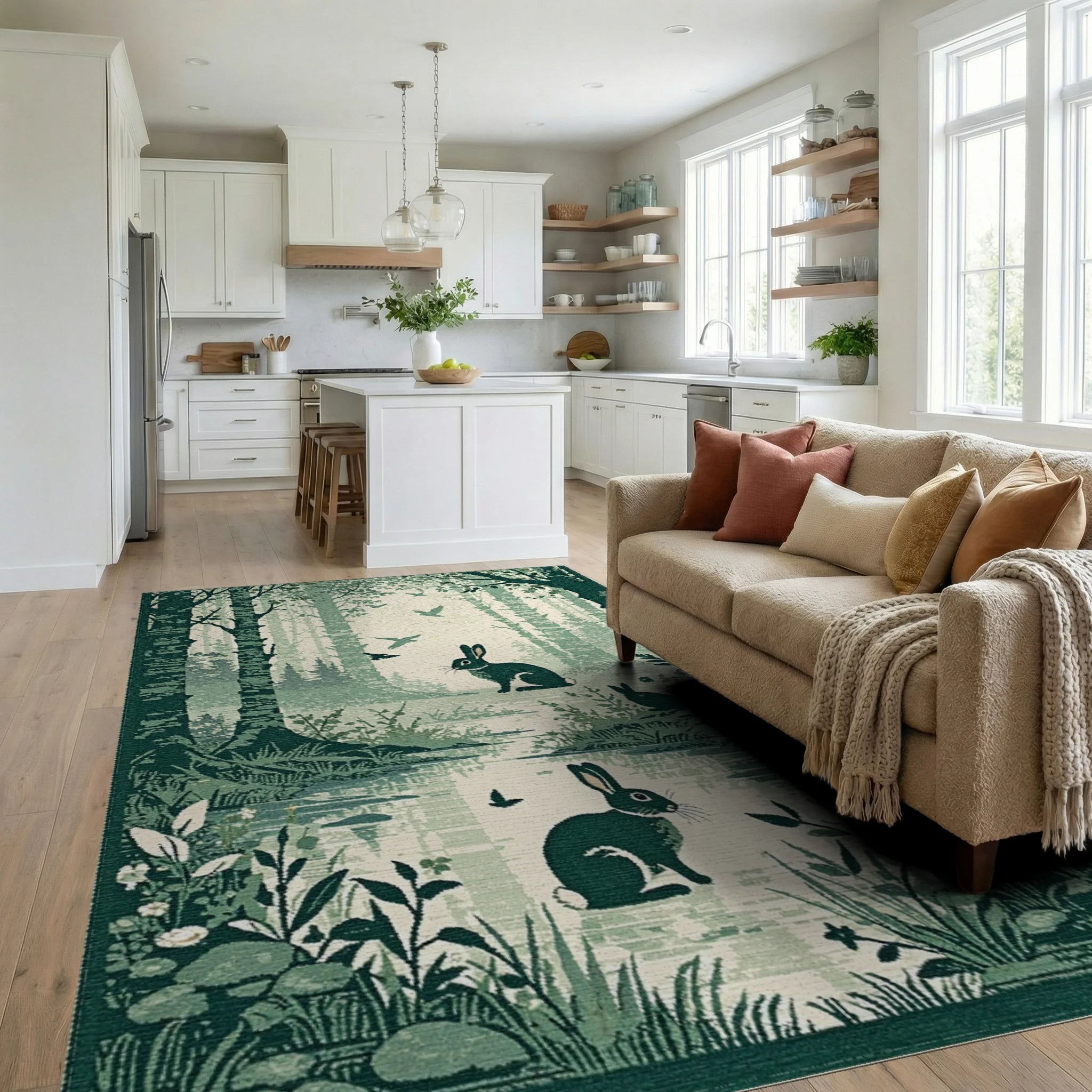 Enchanted Forest Rabbits Pond Scene Rug - Living Room View