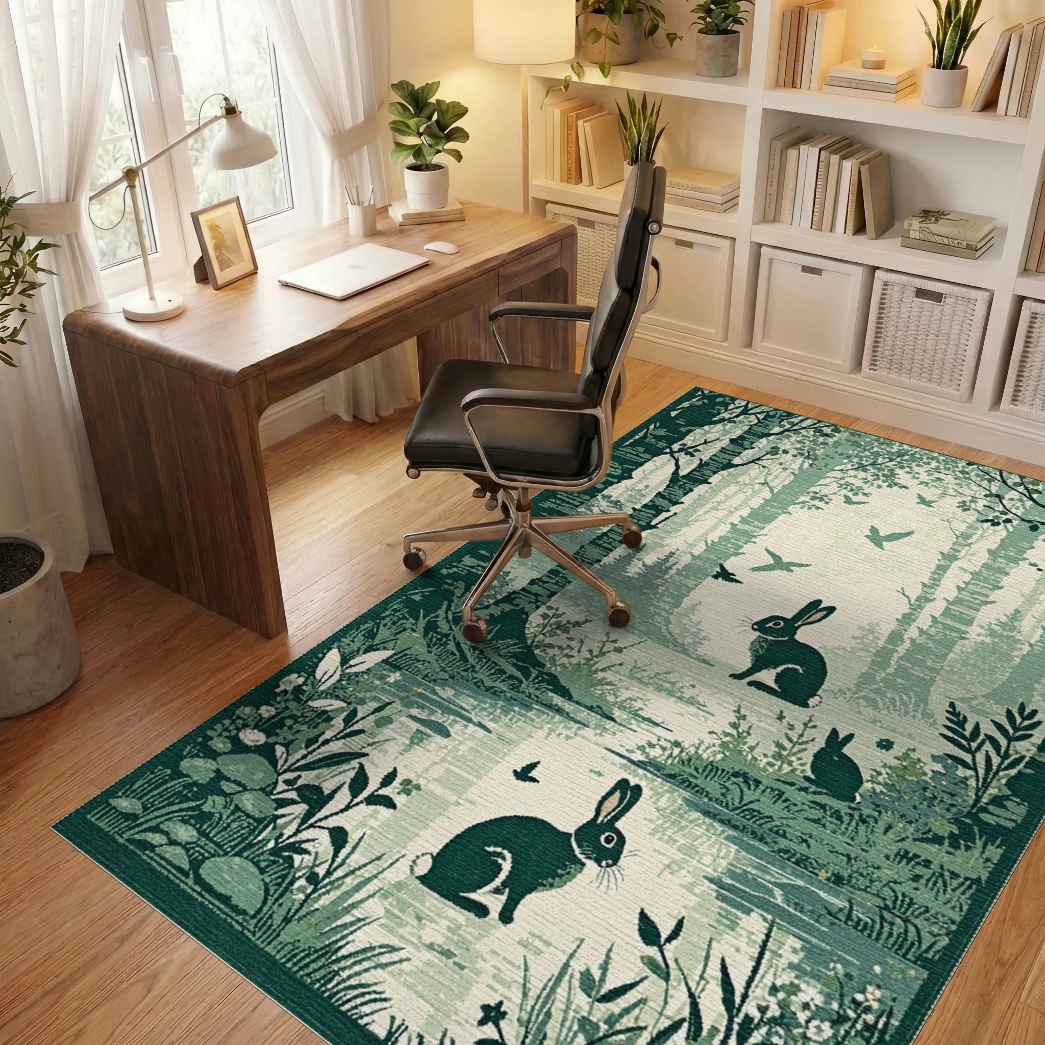 Enchanted Forest Rabbits Pond Scene Rug - Office View