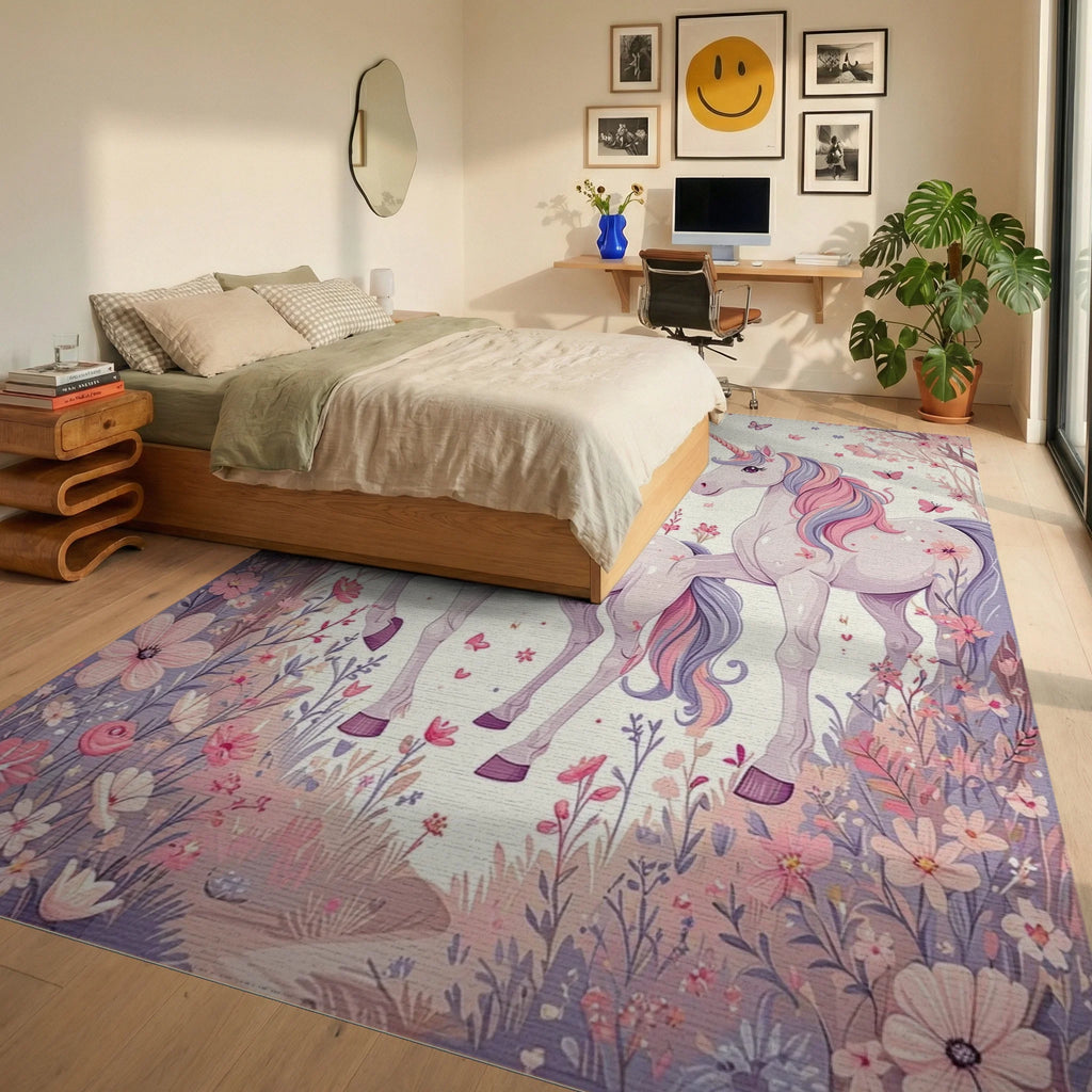 Enchanted Unicorns Floral Meadow Pattern Rug - Bedroom View