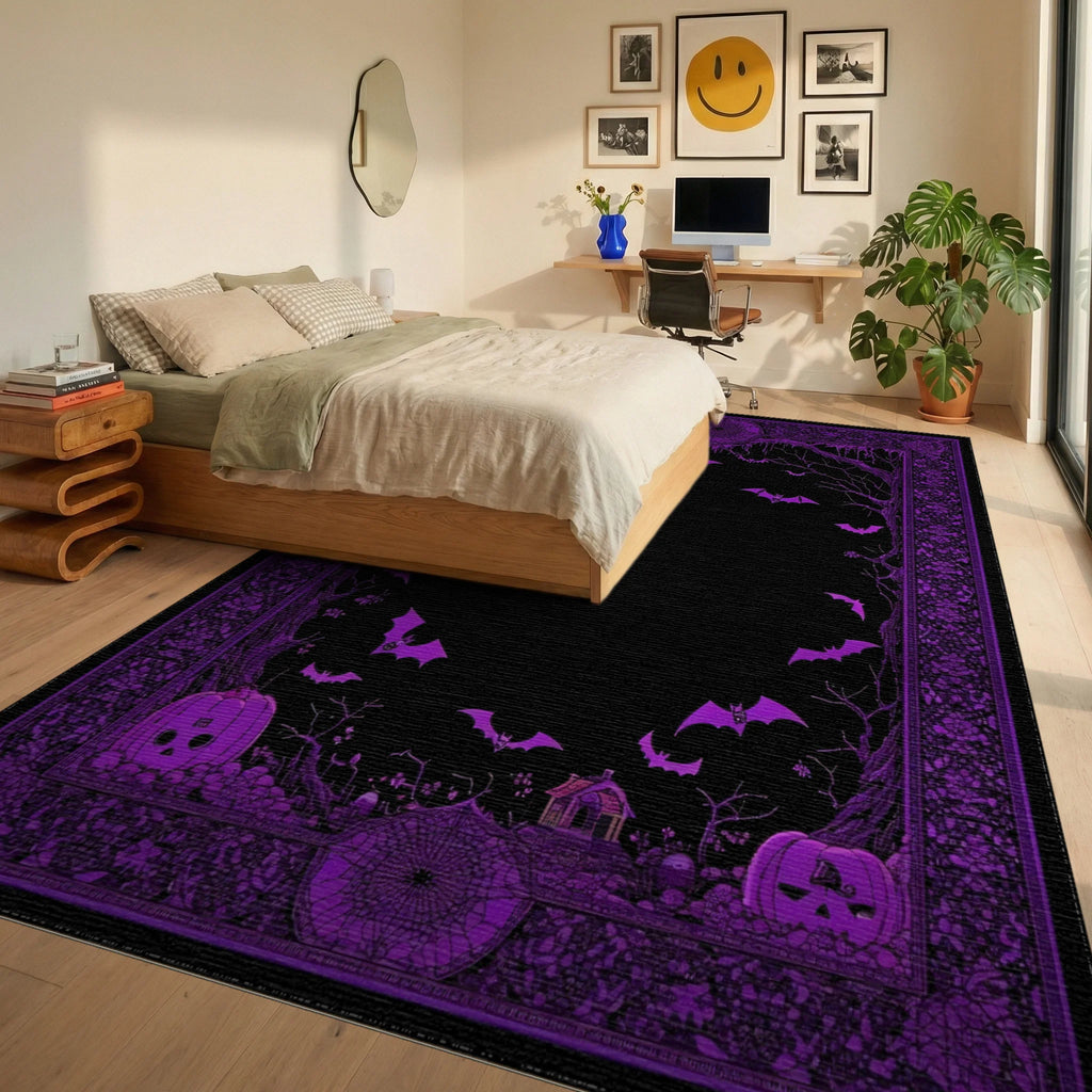 Enchanting Purple Bats Pumpkins Pattern Rug - Bedroom View