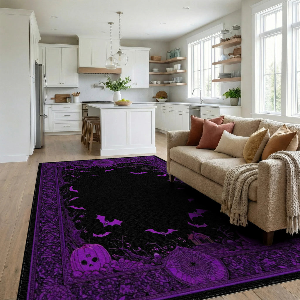 Enchanting Purple Bats Pumpkins Pattern Rug - Living Room View