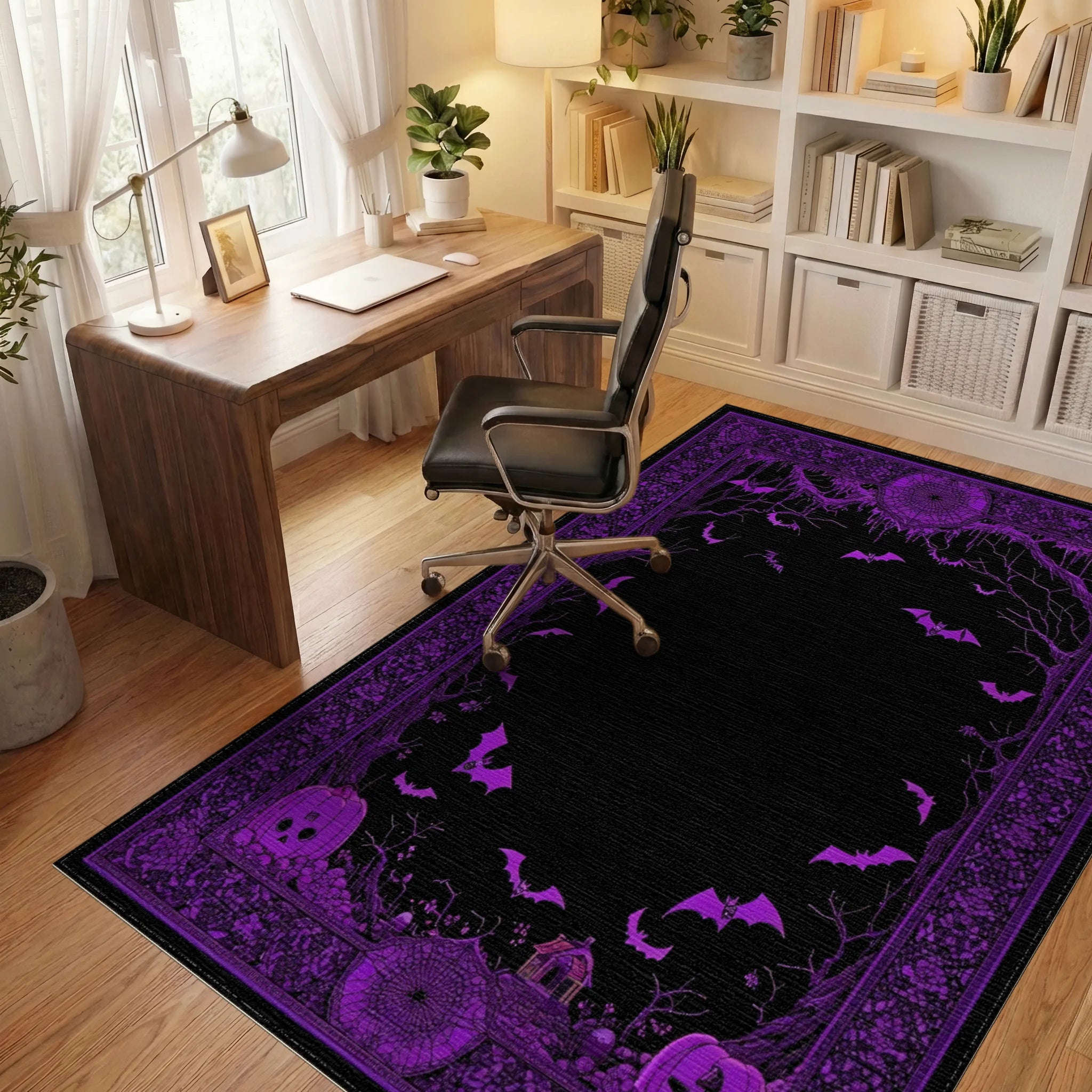 Enchanting Purple Bats Pumpkins Pattern Rug - Office View
