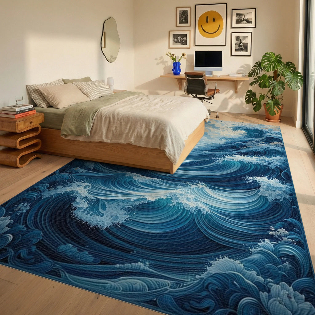 Ethereal Blue Swirling Waves Rug - Bedroom View