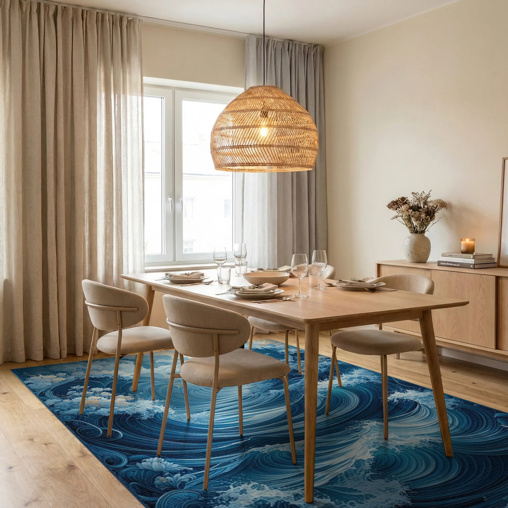 Ethereal Blue Swirling Waves Rug - Dining Room View