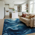 Ethereal Blue Swirling Waves Rug - Living Room View