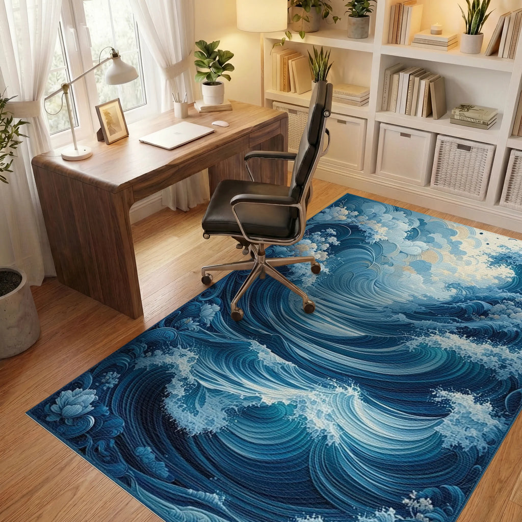 Ethereal Blue Swirling Waves Rug - Office View