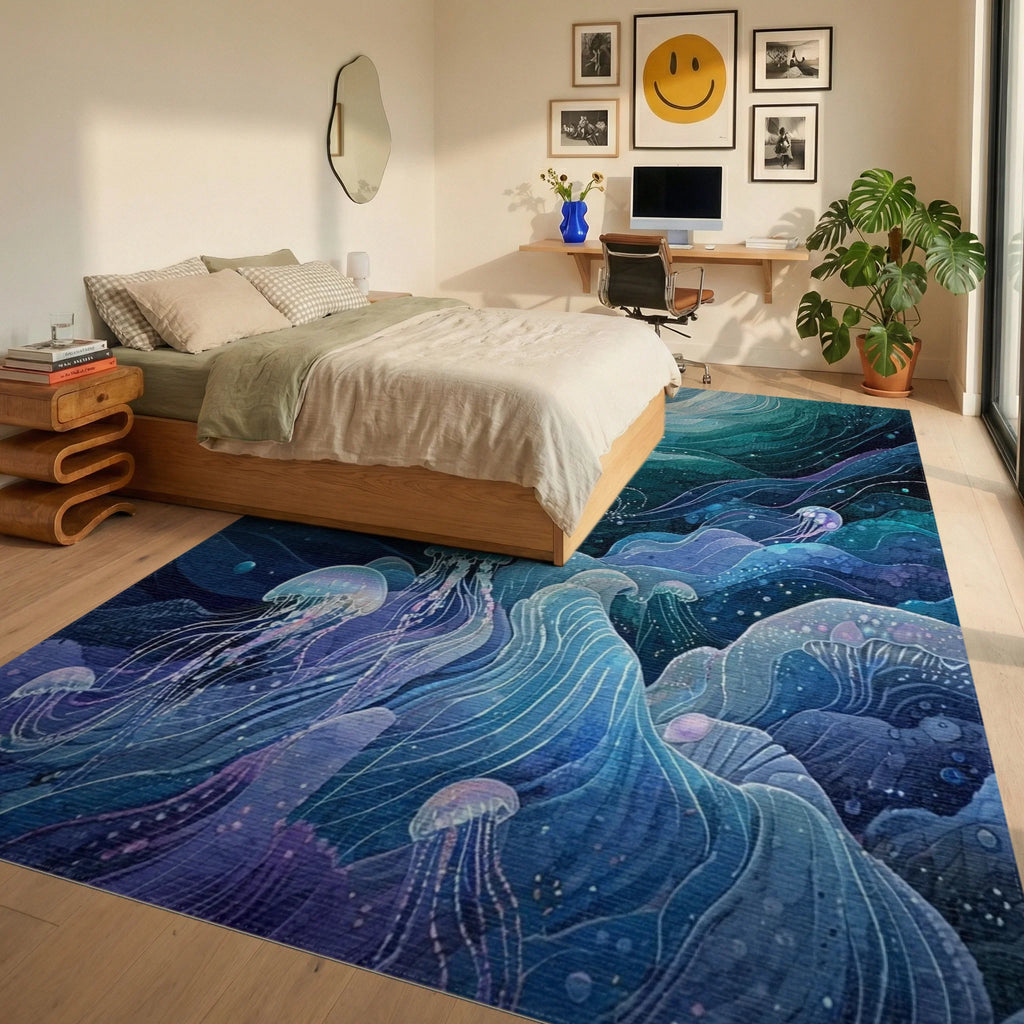 Ethereal Teal Jellyfish Swirling Waves Rug - Bedroom View