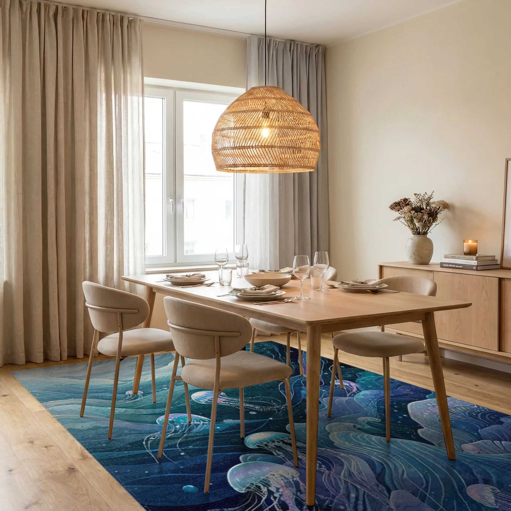Ethereal Teal Jellyfish Swirling Waves Rug - Dining Room View