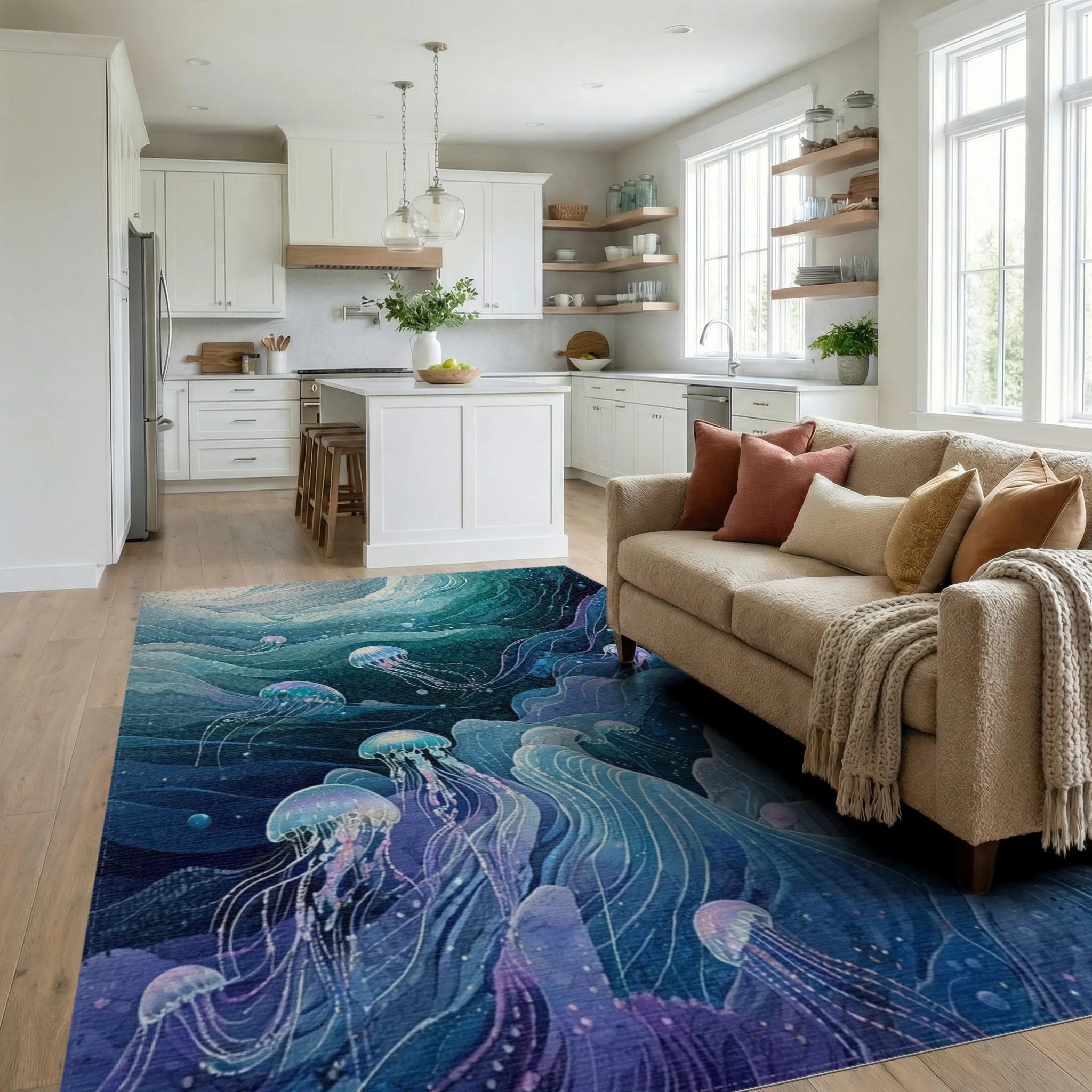 Ethereal Teal Jellyfish Swirling Waves Rug - Living Room View