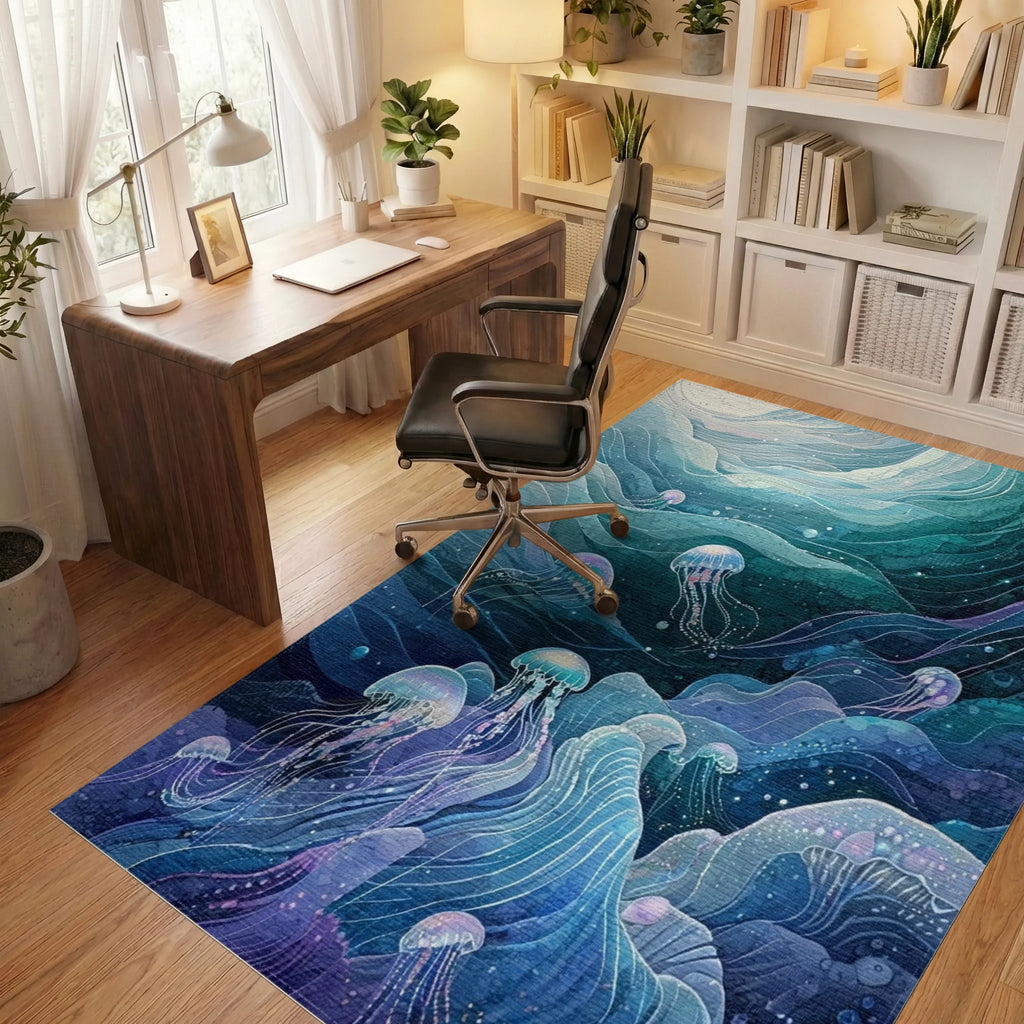 Ethereal Teal Jellyfish Swirling Waves Rug - Office View