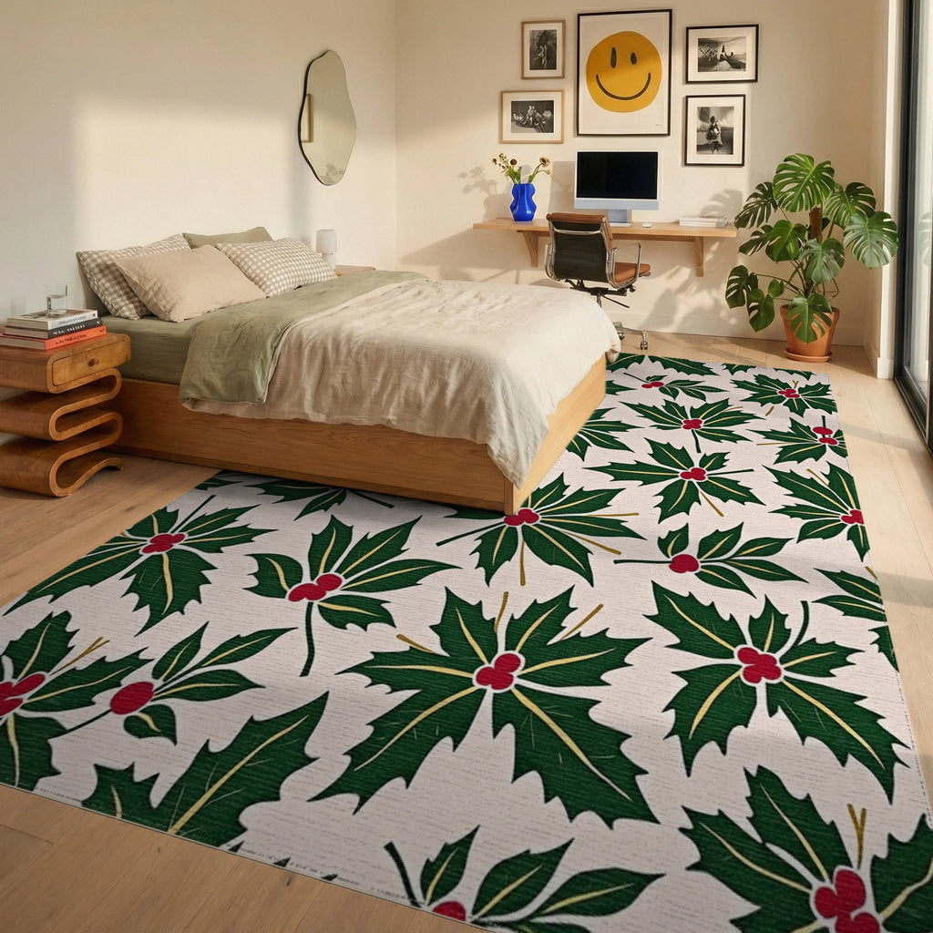 Evergreen Holly Berry Pattern Rug - Bedroom View
