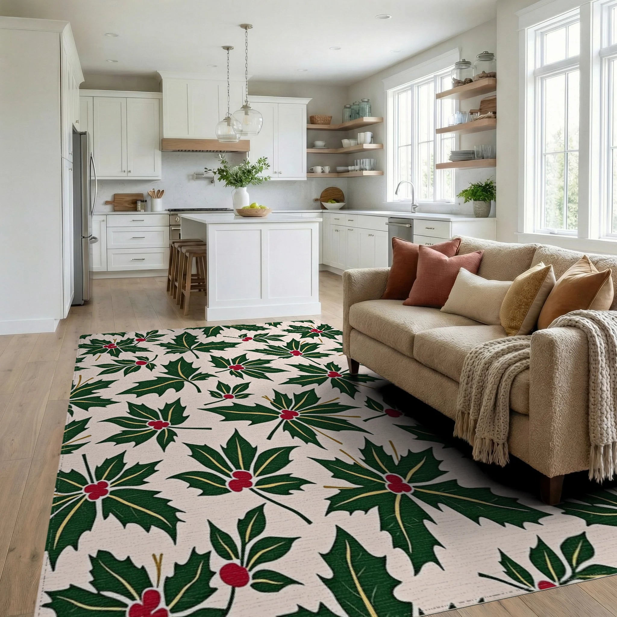 Evergreen Holly Berry Pattern Rug - Living Room View