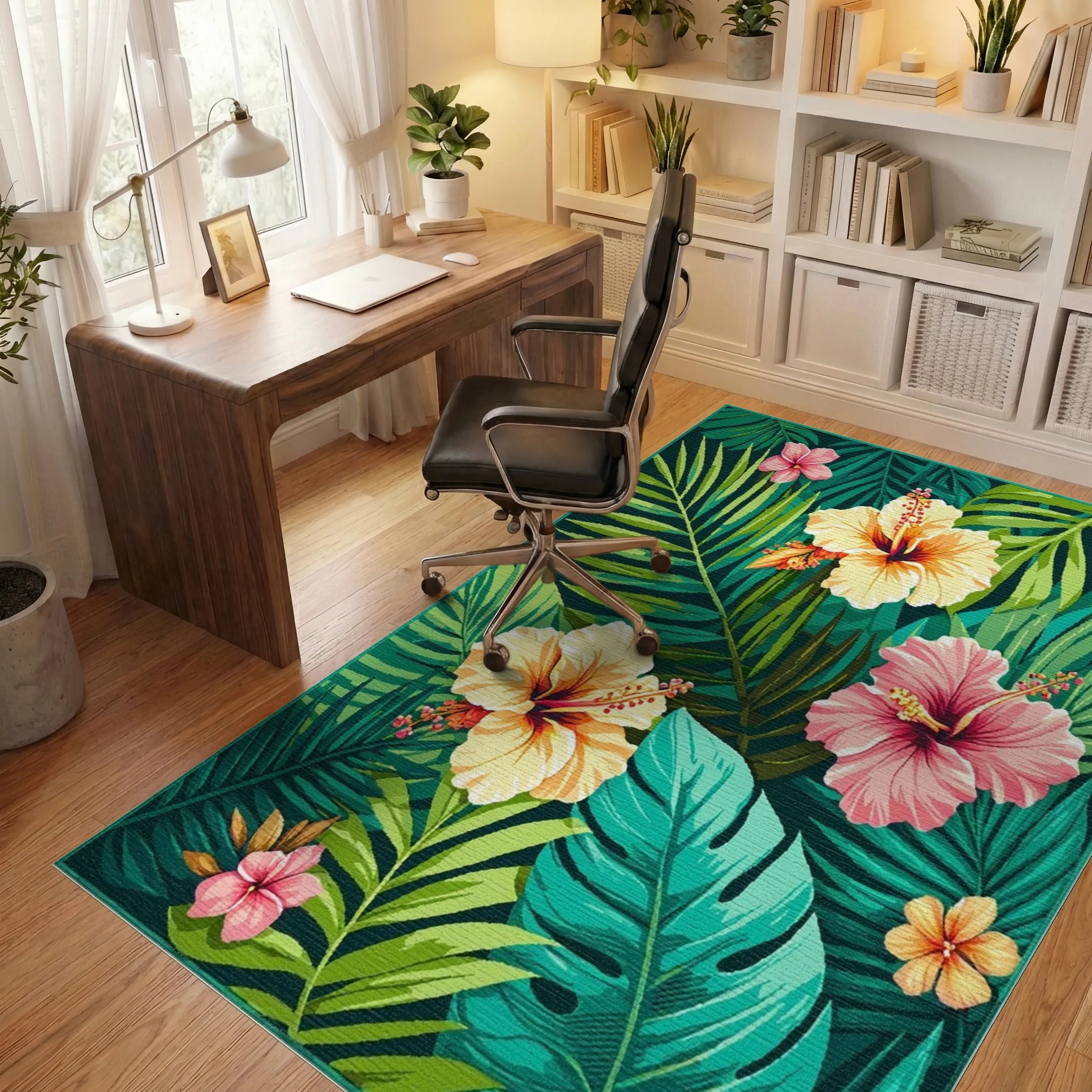 Exotic Hibiscus Floral Tropical Design Rug Office View