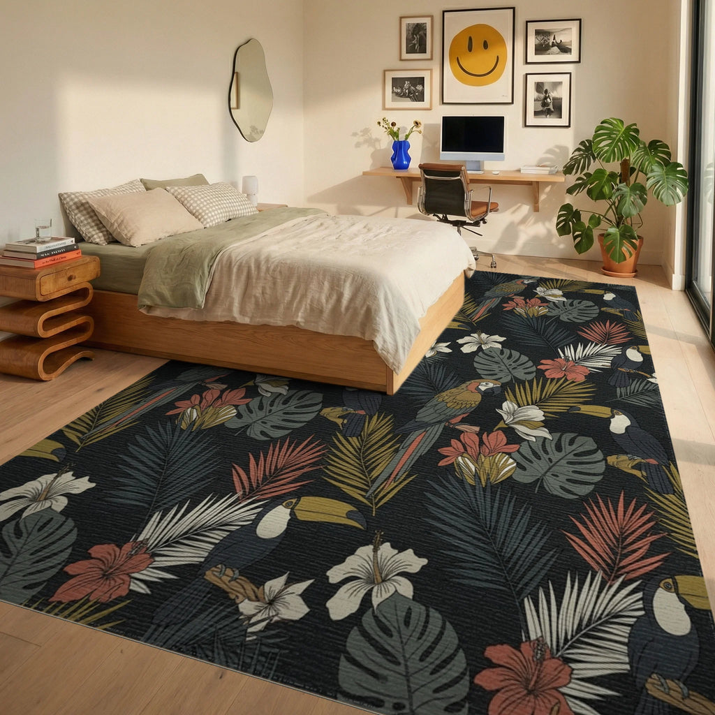 Exotic Macaws Toucans Tropical Foliage Rug Bedroom View