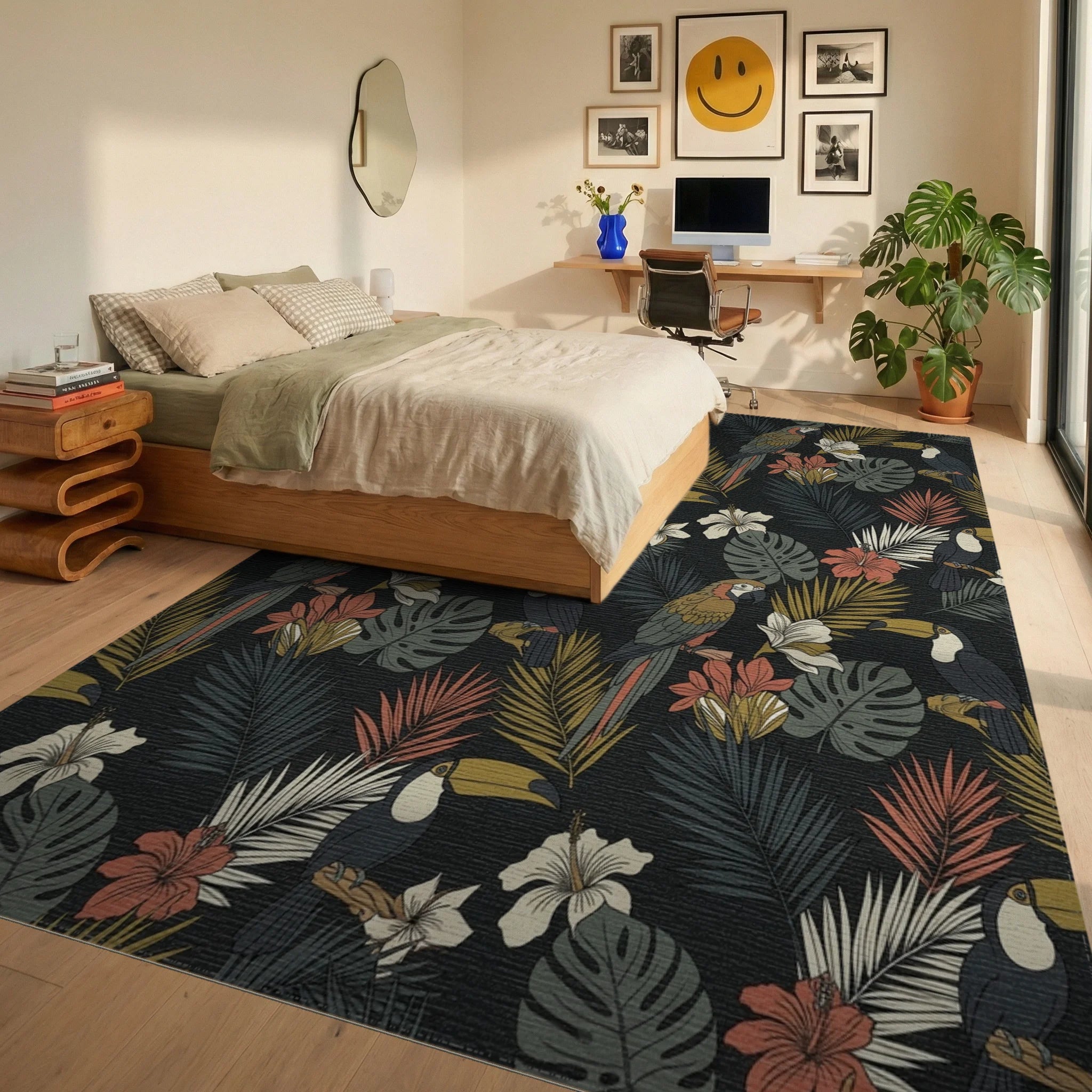 Exotic Macaws Toucans Tropical Foliage Rug Bedroom View