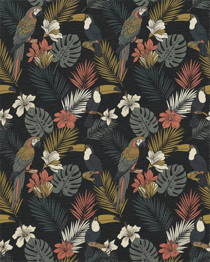 Exotic Macaws Toucans Tropical Foliage Rug - Cutout View