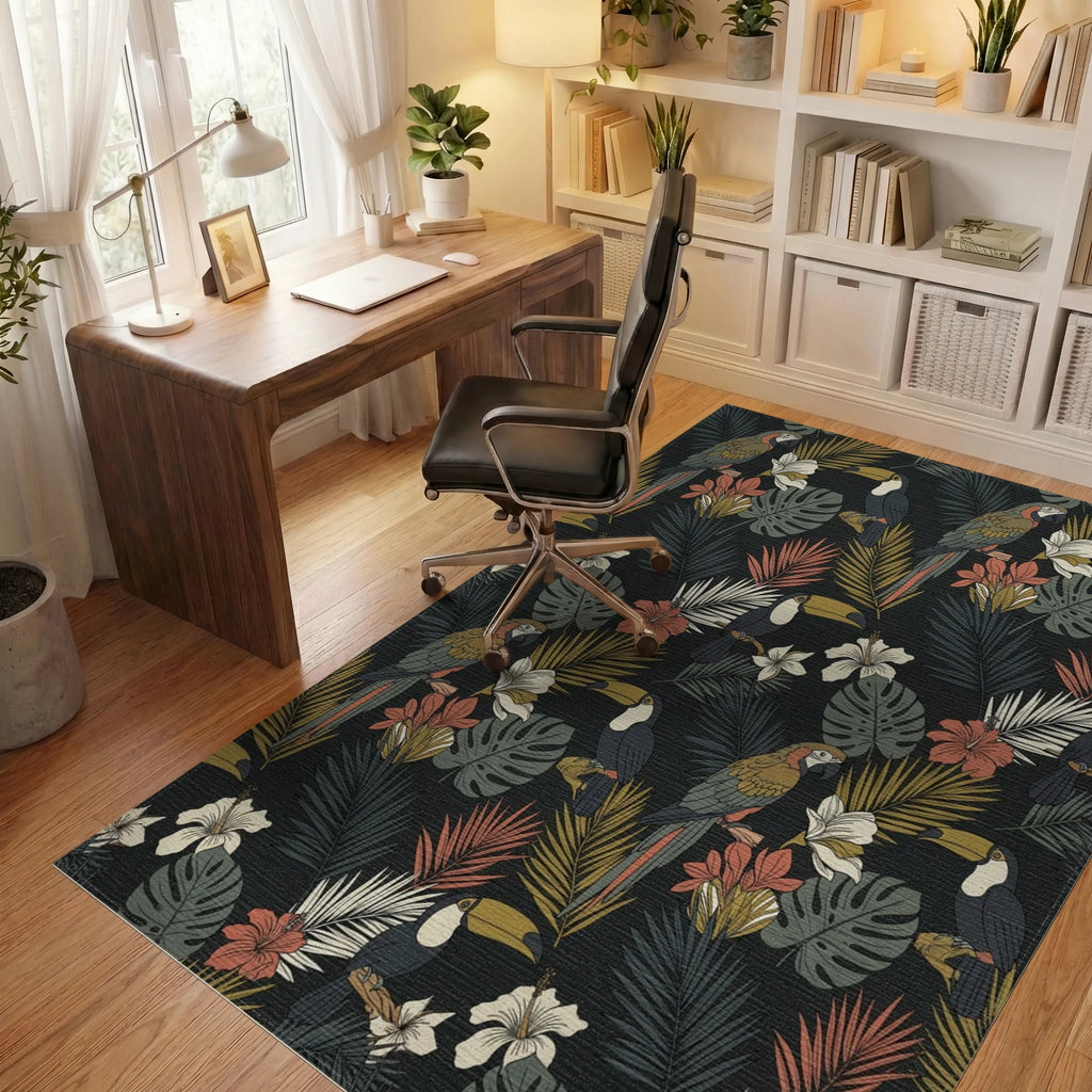 Exotic Macaws Toucans Tropical Foliage Rug Office View