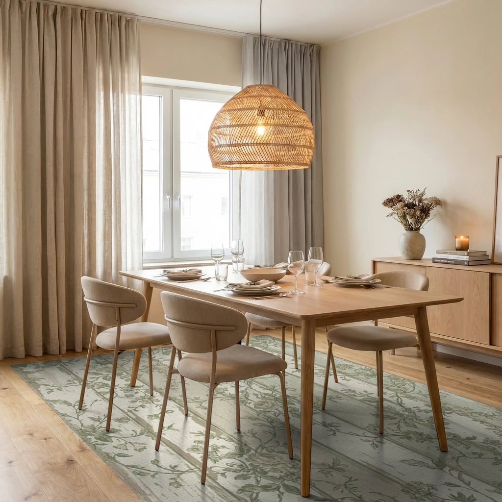 Faded Verdant Garden Wood Panels Rug Dining Room View