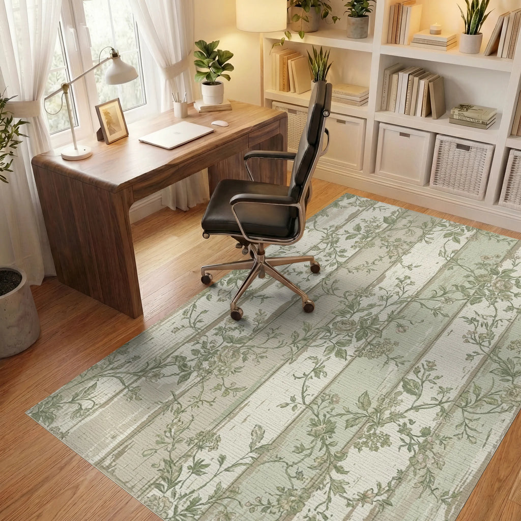 Faded Verdant Garden Wood Panels Rug Office View
