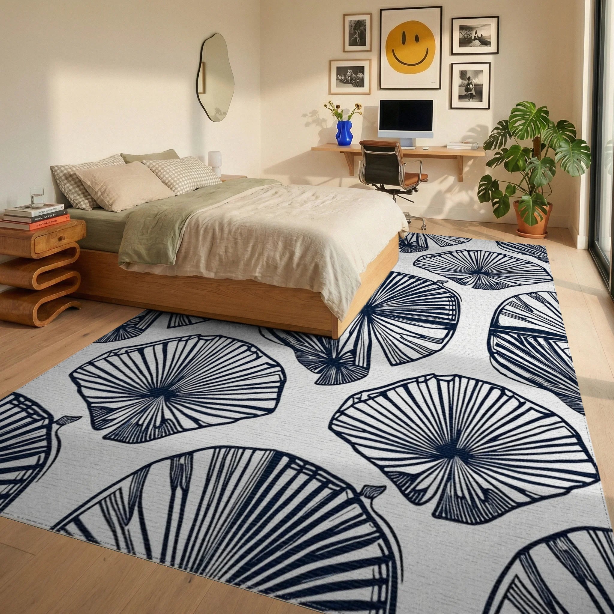 Fan Outline Botanical Pattern Rug - Bedroom View