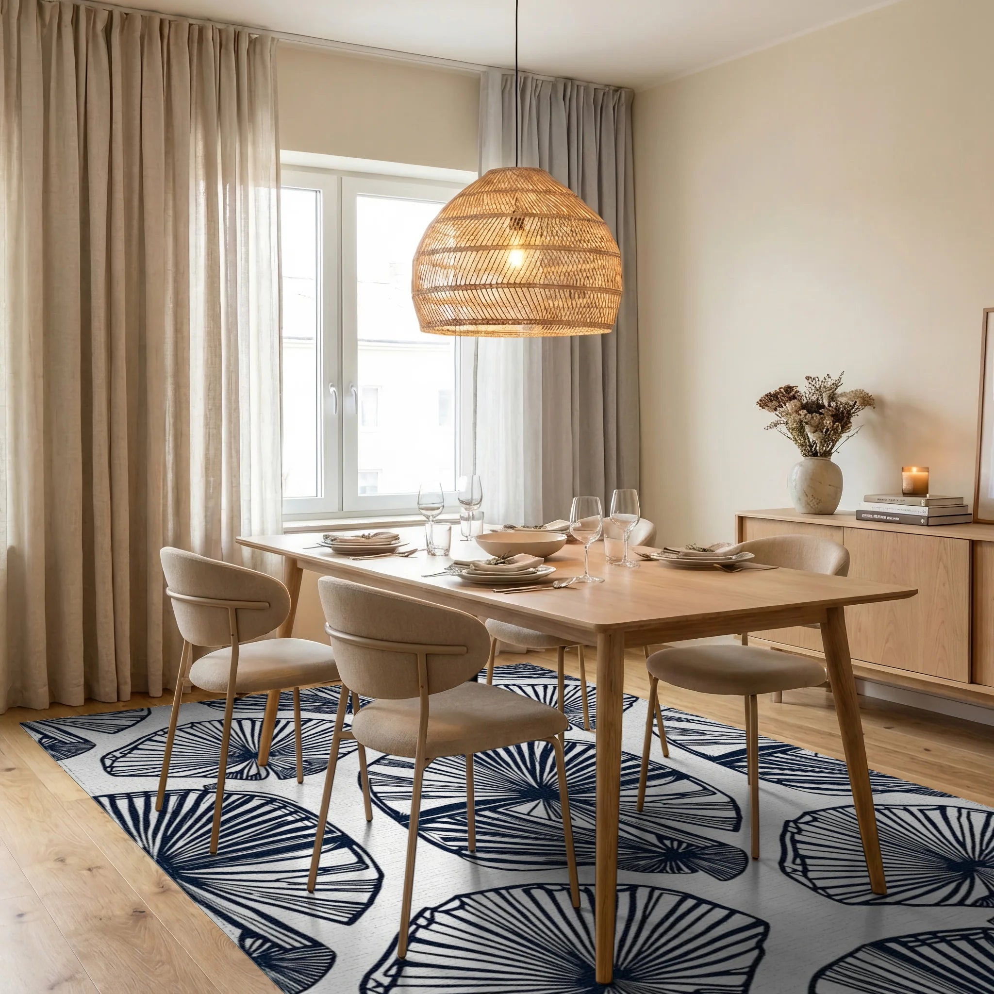 Fan Outline Botanical Pattern Rug - Dining Room View