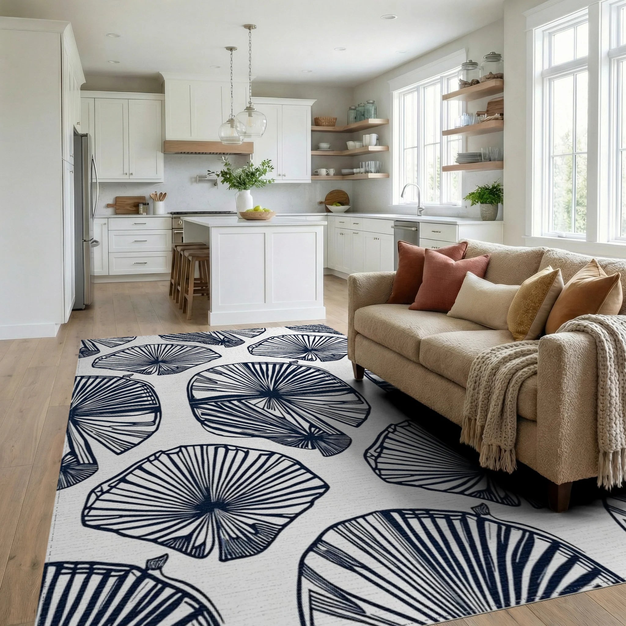 Fan Outline Botanical Pattern Rug - Living Room View