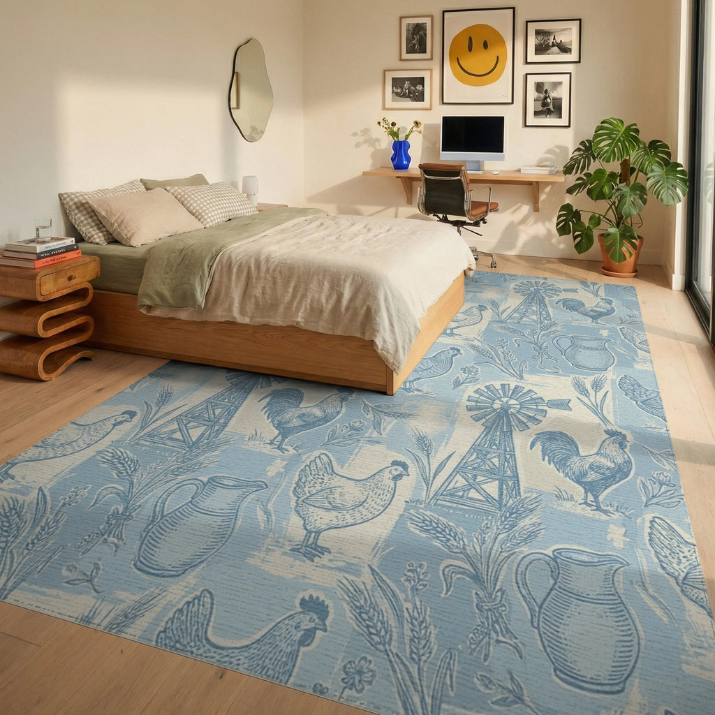 Farmhouse Blue Rooster Chicken Windmill Scene Rug Bedroom View