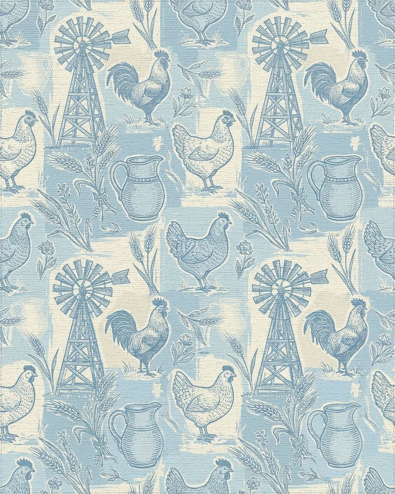 Farmhouse Blue Rooster Chicken Windmill Scene Rug - Cutout View