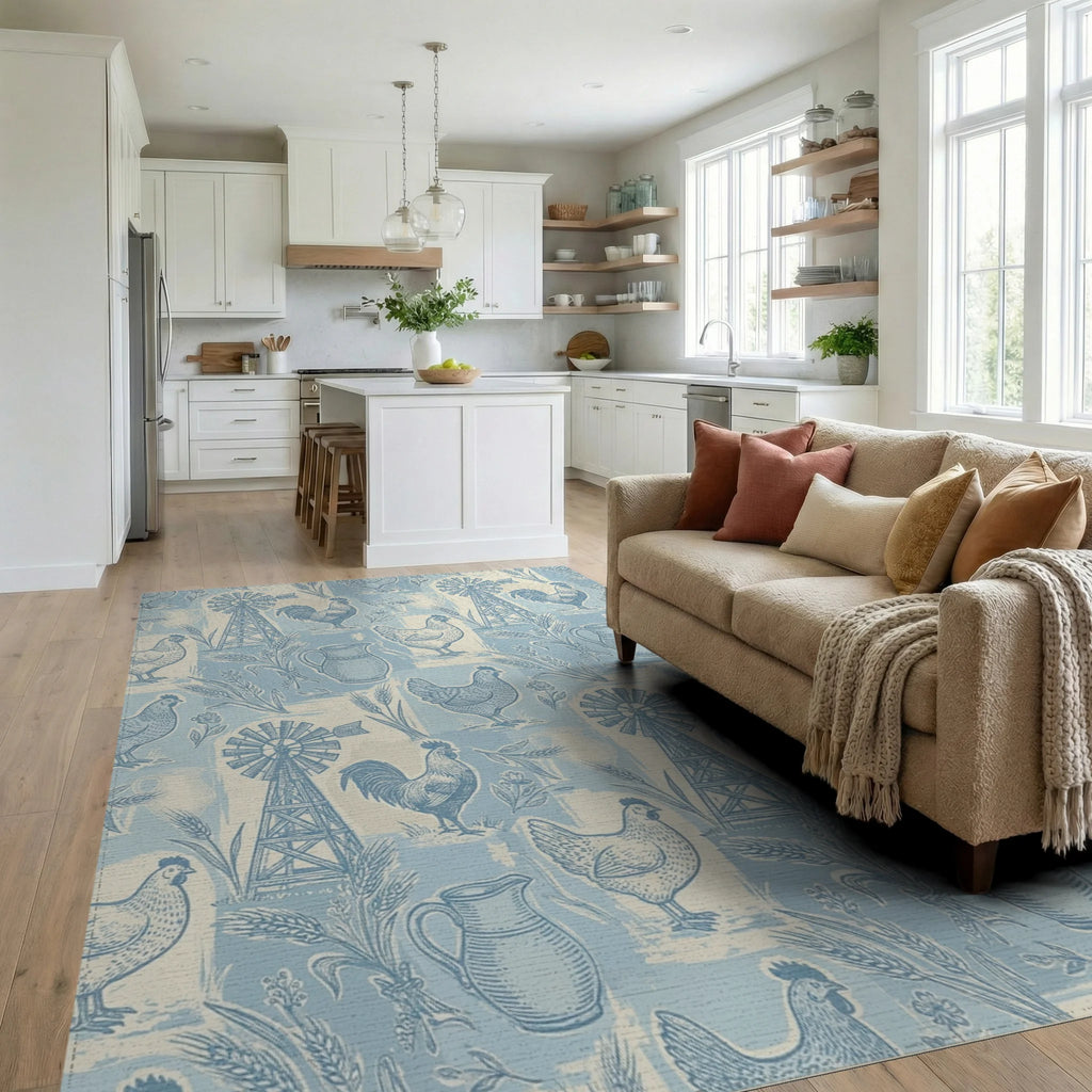 Farmhouse Blue Rooster Chicken Windmill Scene Rug Living Room View