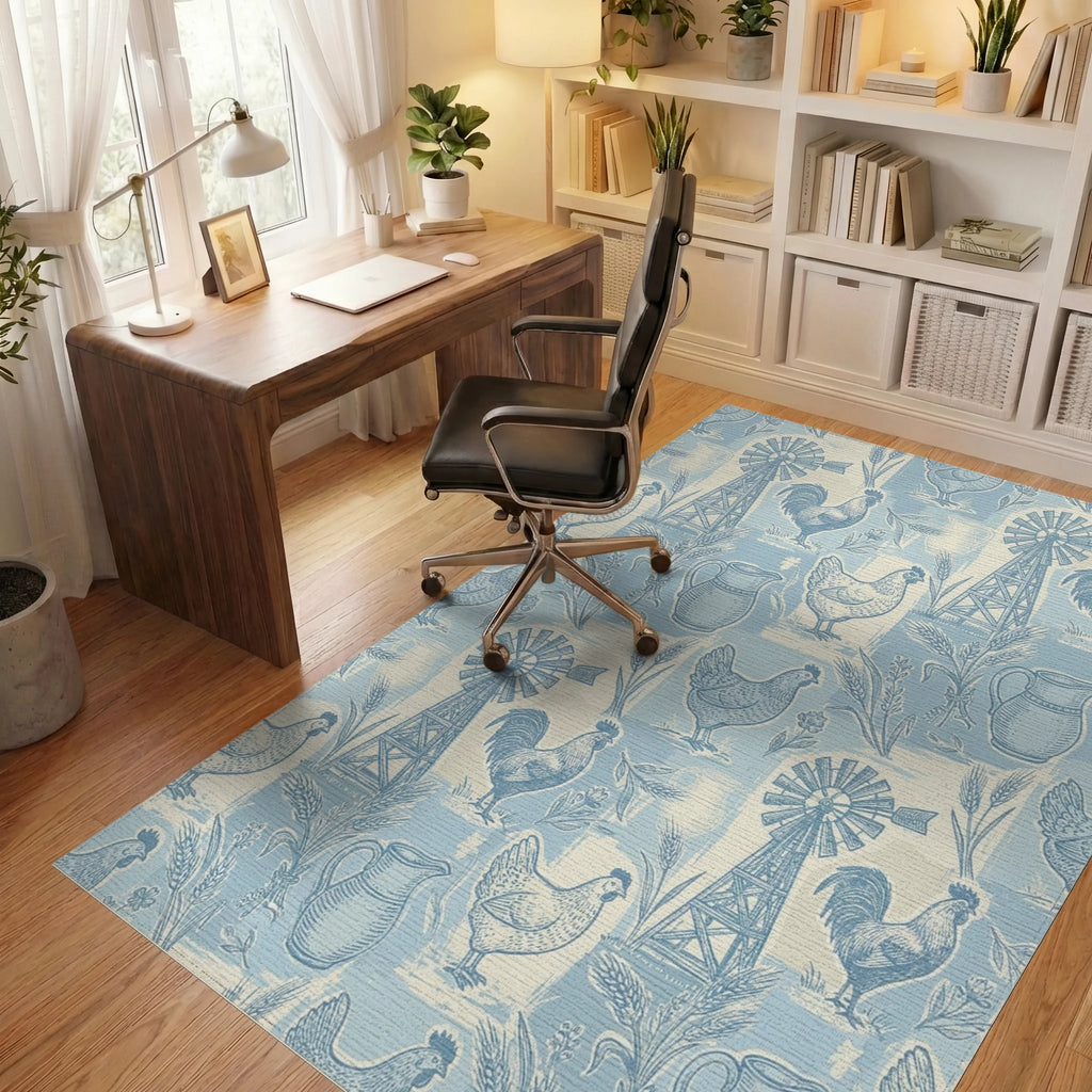 Farmhouse Blue Rooster Chicken Windmill Scene Rug Office View