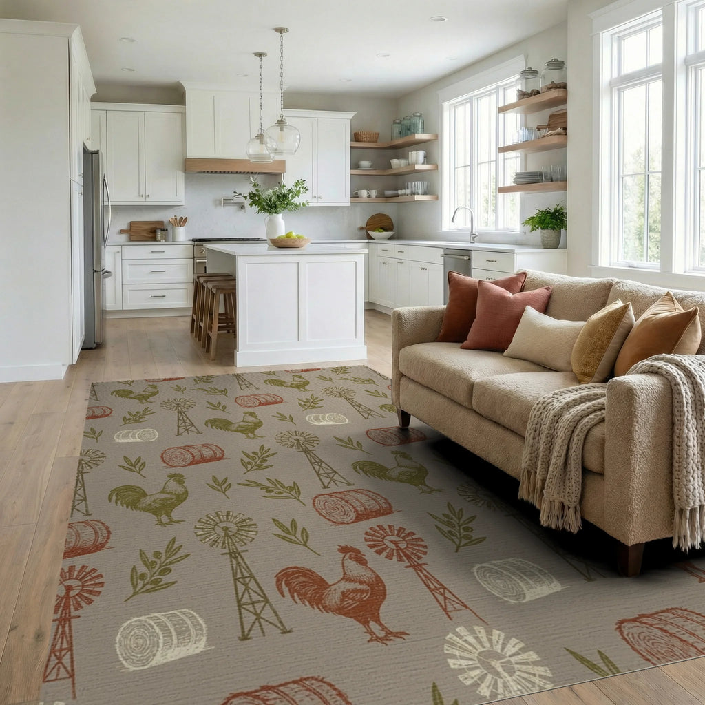 Farmhouse Rooster Windmill Haystack Collage Rug Living Room View