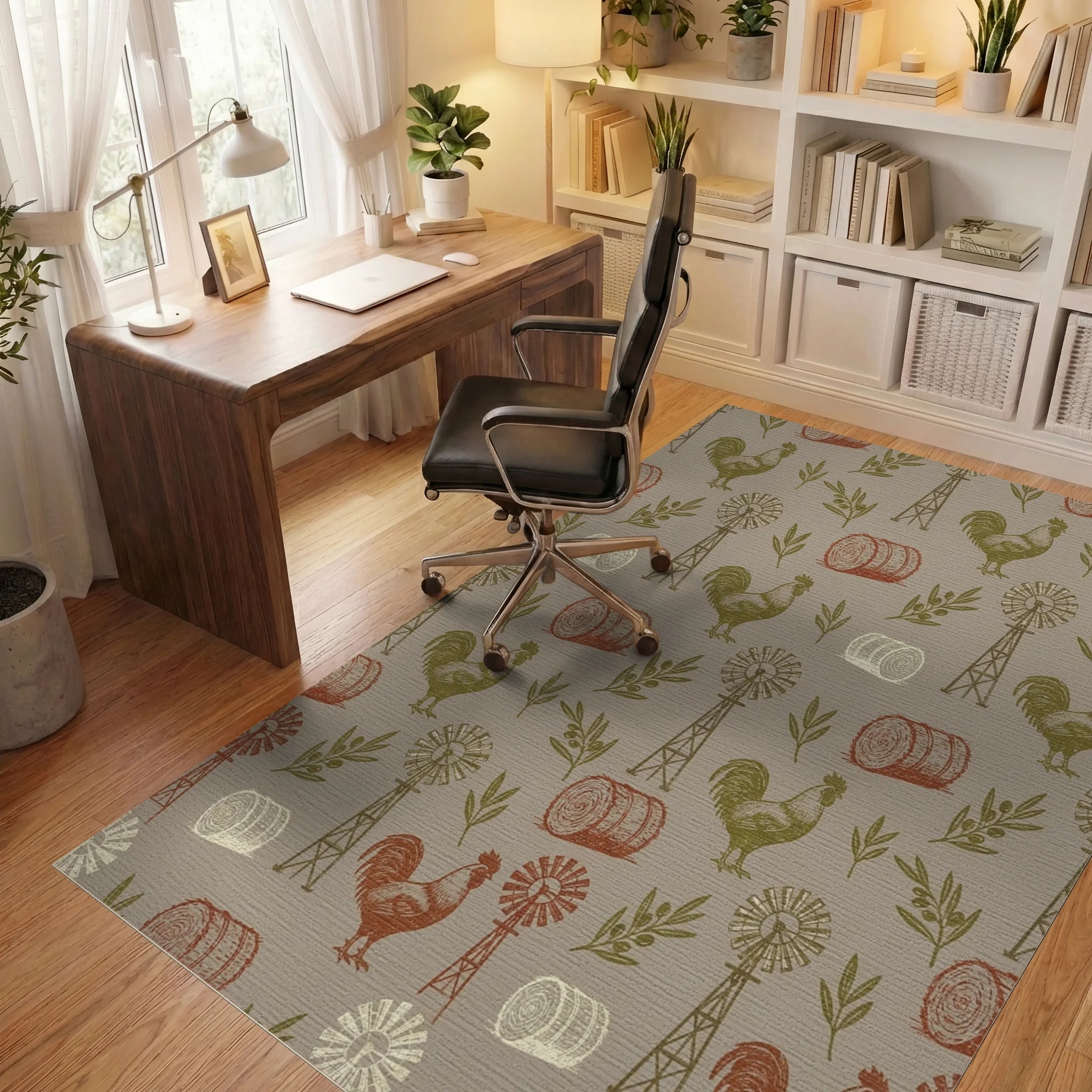 Farmhouse Rooster Windmill Haystack Collage Rug Office View