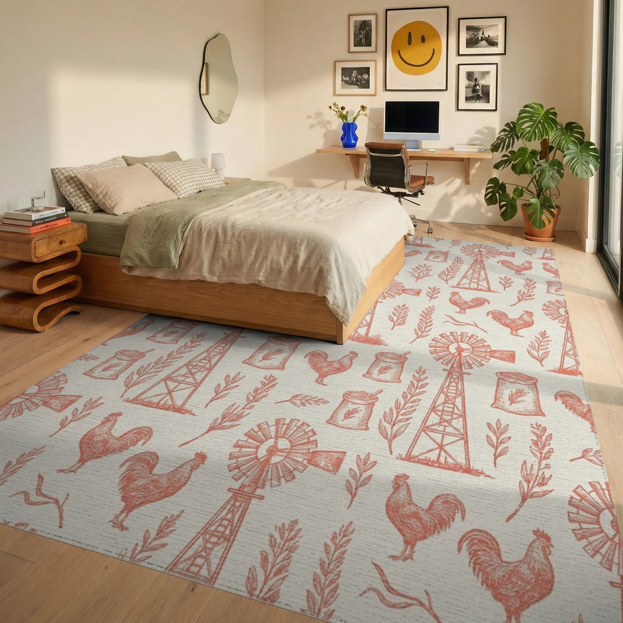 Farmhouse Rooster Windmill Sketch Rug Bedroom View