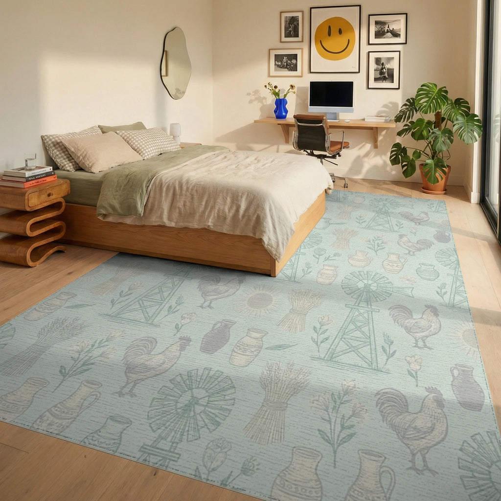 Farmhouse Rooster Windmill Wheat Pitcher Rug Bedroom View