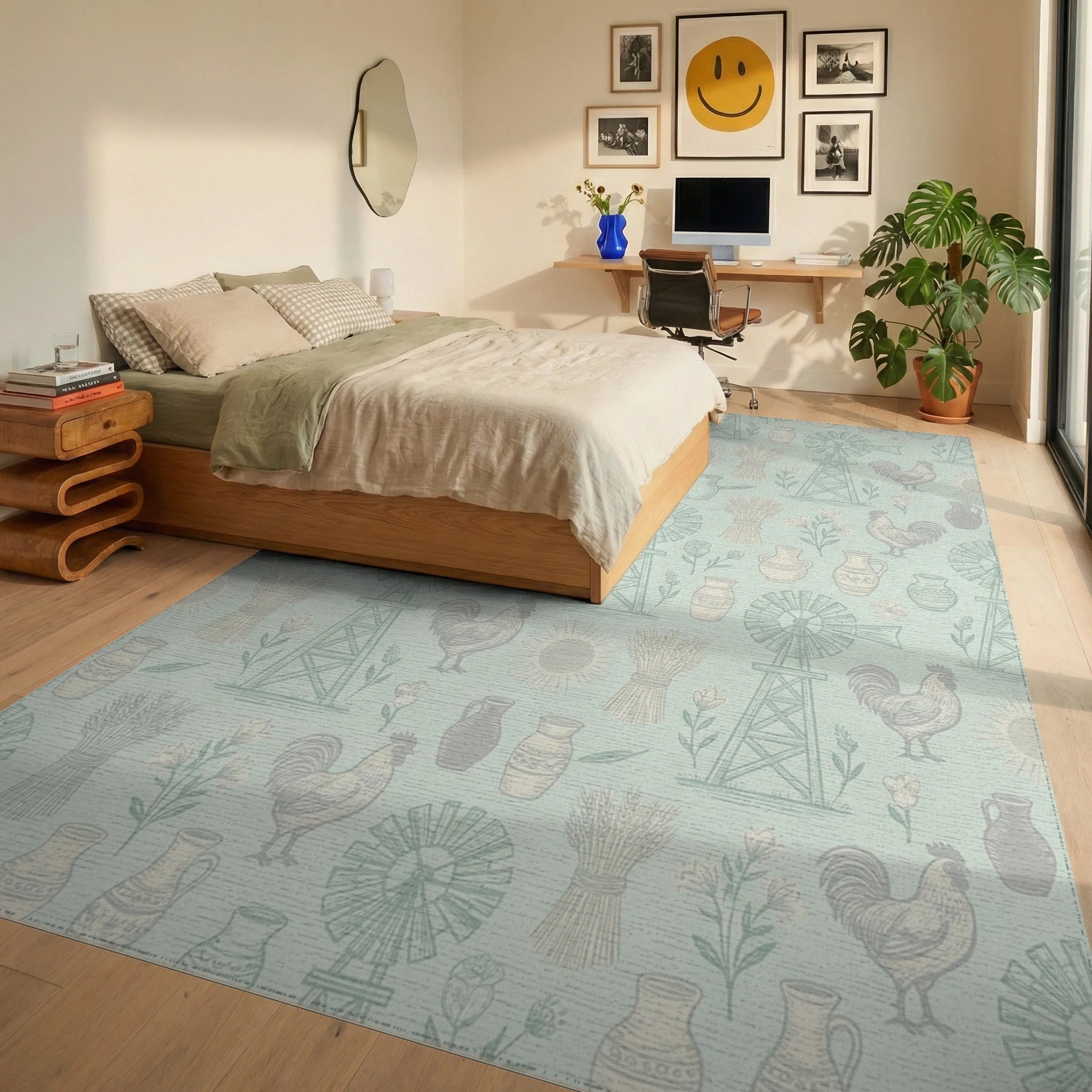 Farmhouse Rooster Windmill Wheat Pitcher Rug Bedroom View