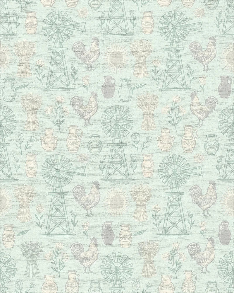 Farmhouse Rooster Windmill Wheat Pitcher Rug - Cutout View