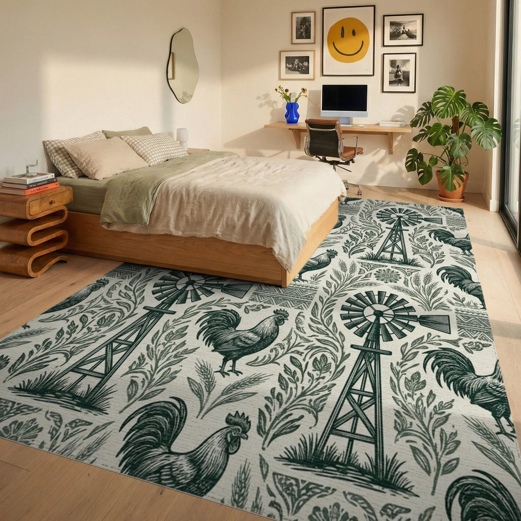 Farmhouse Windmill Rooster Garden Folk Art Rug Bedroom View