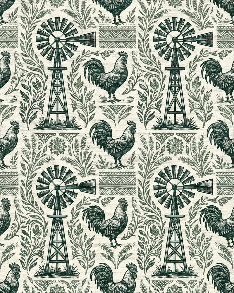 Farmhouse Windmill Rooster Garden Folk Art Rug - Cutout View