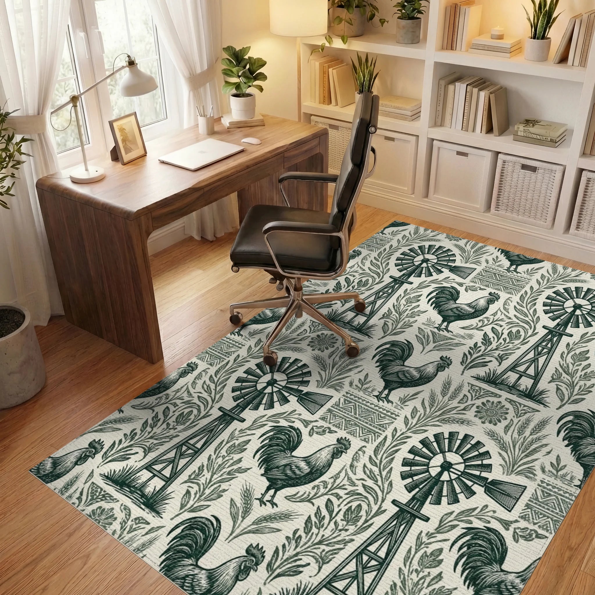 Farmhouse Windmill Rooster Garden Folk Art Rug Office View