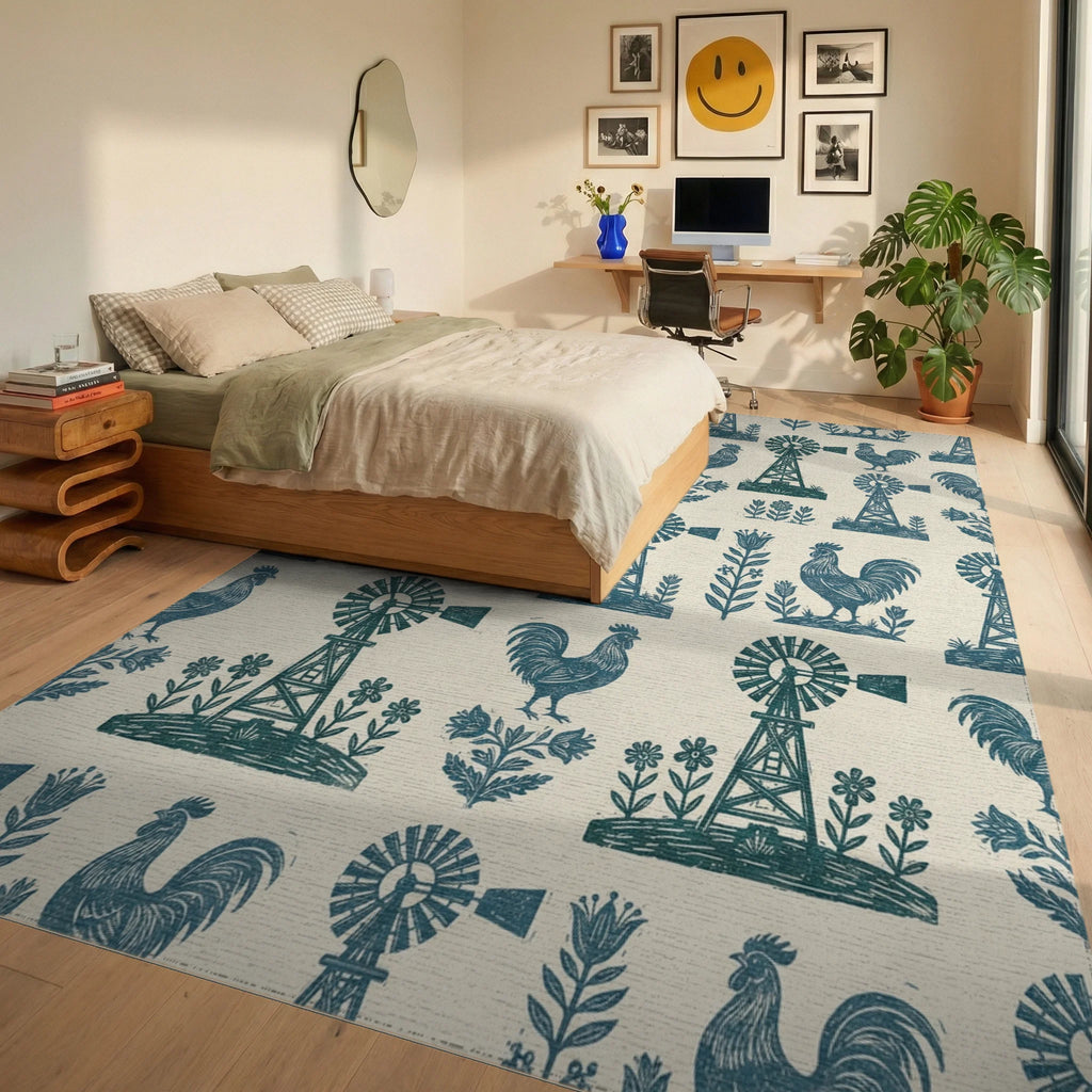 Farmstead Teal Rooster Windmill Floral Rug Bedroom View